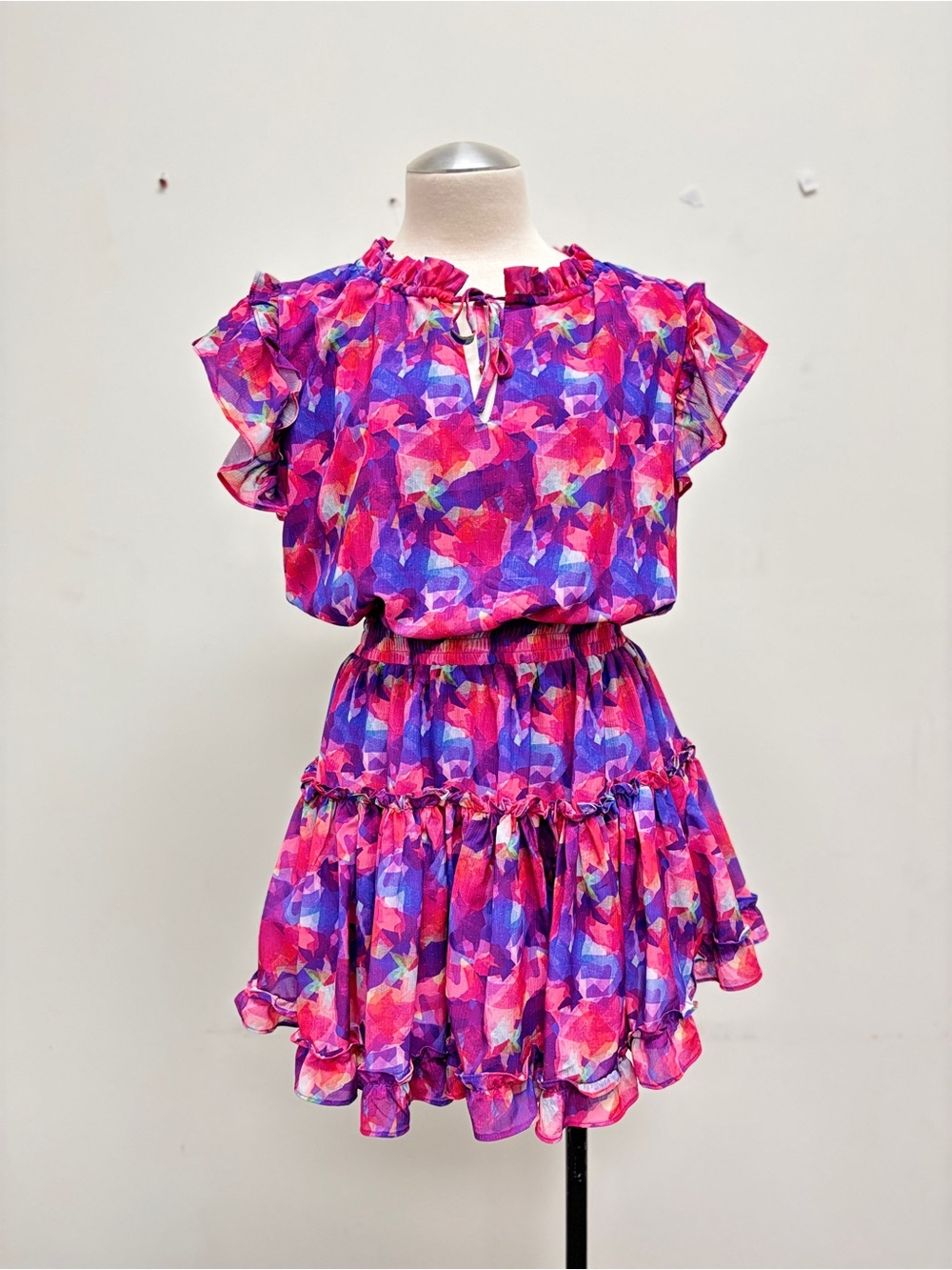 Abstract Ruffle Tiered Mini Dress